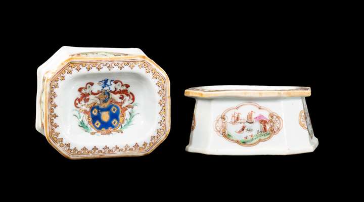 GG: Pair of Chinese armorial porcelain trencher salts, arms of Miller